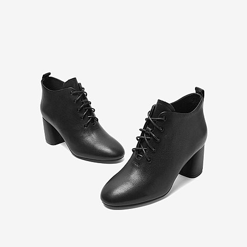 Tata/他她冬专柜同款黑色牛皮革绑带踝靴粗高跟女短靴XEP01DD9