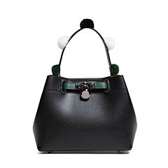 Tata/他她2019冬专柜同款黑色拼接毛球装饰水桶包手提女包RB403DX9