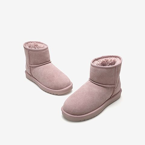 Tata/他她冬粉色牛剖层革毛里雪地靴休闲靴套筒女短靴3GQ02DD9