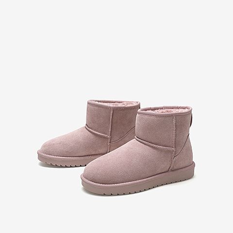 Tata/他她冬粉色牛剖层革毛里雪地靴休闲靴套筒女短靴3GQ02DD9