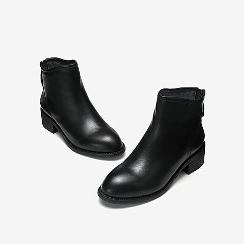 Tata/他她冬专柜同款黑色牛皮革通勤踝靴短筒中跟女靴WCT01DD9