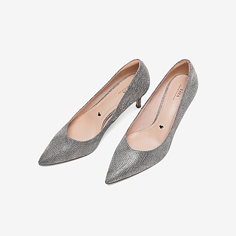 Tata/他她2020春专柜同款银灰PU革通勤尖头高跟鞋浅口女单鞋7DD01AQ0