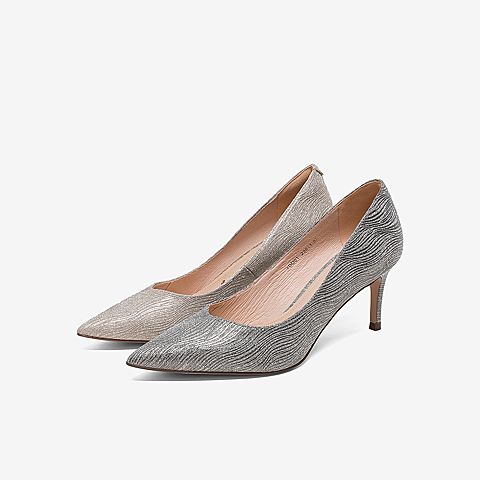 Tata/他她2020春专柜同款银灰PU革通勤尖头高跟鞋浅口女单鞋7DD01AQ0