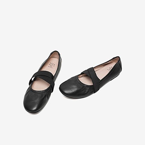 Tata/他她2020春专柜同款黑色羊皮革圆头芭蕾鞋平底鞋女单鞋YIN02AQ0