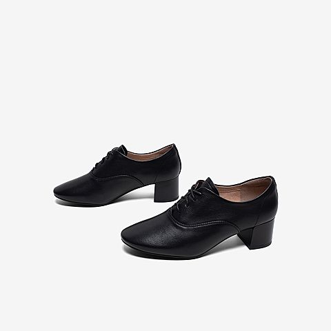 Tata/他她2020春专柜同款黑色牛皮革通勤绑带粗跟深口女单鞋XIF01AM0