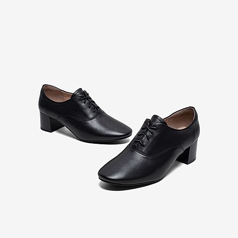 Tata/他她2020春专柜同款黑色牛皮革通勤绑带粗跟深口女单鞋XIF01AM0