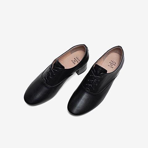 Tata/他她2020春专柜同款黑色牛皮革通勤绑带粗跟深口女单鞋XIF01AM0