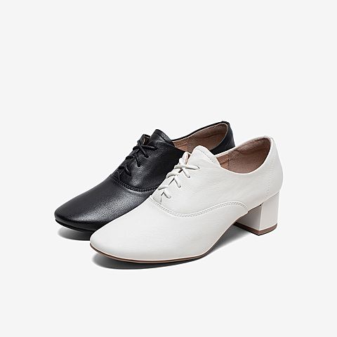 Tata/他她2020春专柜同款黑色牛皮革通勤绑带粗跟深口女单鞋XIF01AM0