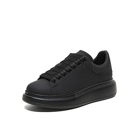 Tata/他她2020春专柜同款黑色牛皮革绑带圆头厚底女休闲鞋WHL01AM0