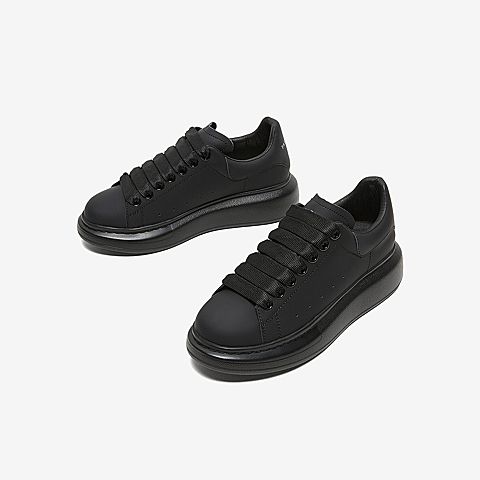 Tata/他她2020春专柜同款黑色牛皮革绑带圆头厚底女休闲鞋WHL01AM0