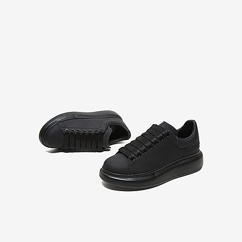 Tata/他她2020春专柜同款黑色牛皮革绑带圆头厚底女休闲鞋WHL01AM0