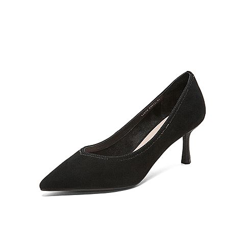 Tata/他她2020春专柜同款黑色羊皮革绒面尖头水钻细跟女单鞋XAX06AQ0