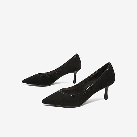 Tata/他她2020春专柜同款黑色羊皮革绒面尖头水钻细跟女单鞋XAX06AQ0