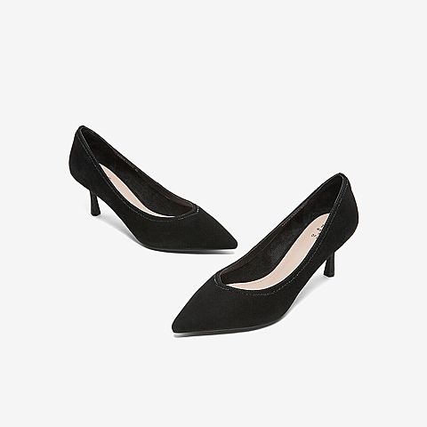 Tata/他她2020春专柜同款黑色羊皮革绒面尖头水钻细跟女单鞋XAX06AQ0