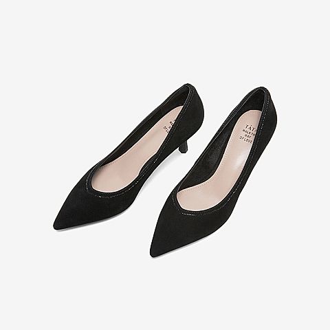 Tata/他她2020春专柜同款黑色羊皮革绒面尖头水钻细跟女单鞋XAX06AQ0