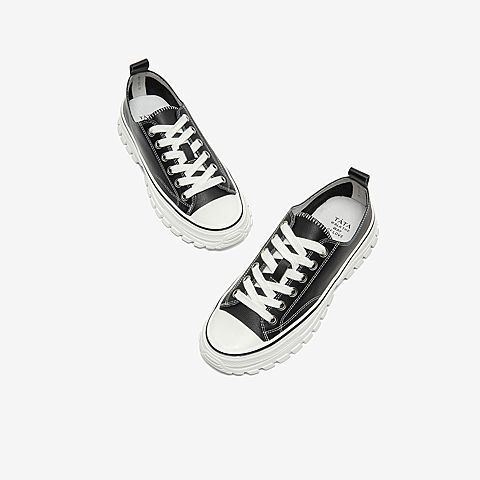 Tata/他她2020春黑色牛皮革时尚车缝线系带满帮鞋女休闲鞋DSCAVAM0