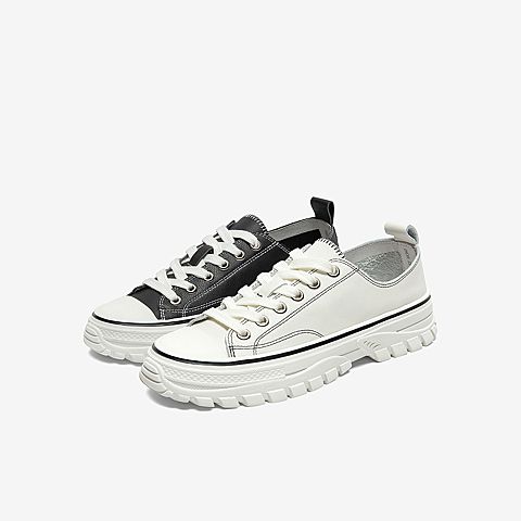 Tata/他她2020春黑色牛皮革时尚车缝线系带满帮鞋女休闲鞋DSCAVAM0