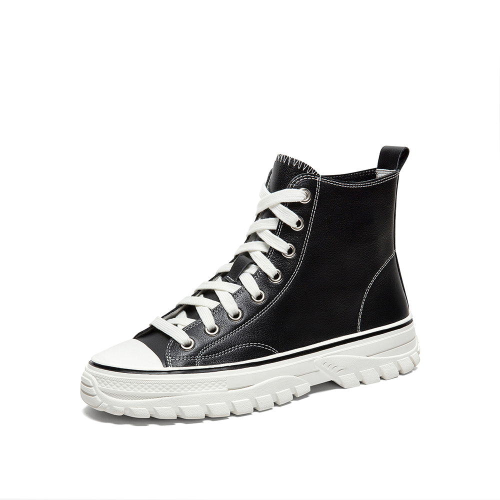 Tata/他她2020春黑色牛皮革绑带车缝线高帮休闲女短靴DSCAWAD0