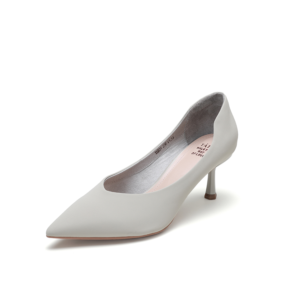 Tata/他她2020春浅灰牛皮革通勤尖头细高跟鞋浅口女单鞋XAX04AQ0
