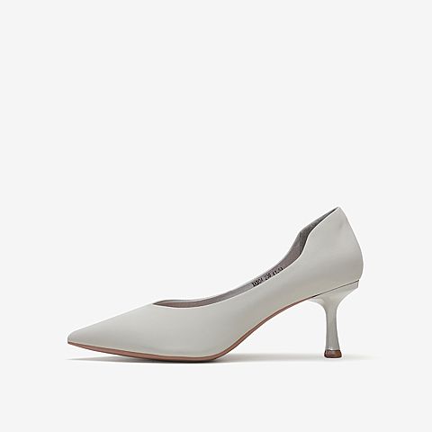 Tata/他她2020春浅灰牛皮革通勤尖头细高跟鞋浅口女单鞋XAX04AQ0