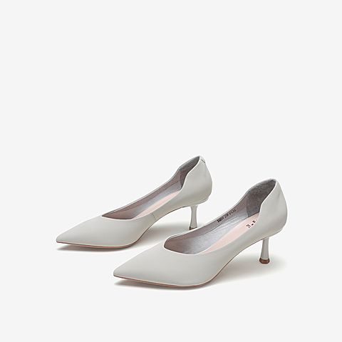 Tata/他她2020春浅灰牛皮革通勤尖头细高跟鞋浅口女单鞋XAX04AQ0