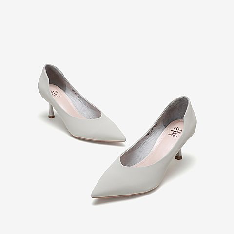 Tata/他她2020春浅灰牛皮革通勤尖头细高跟鞋浅口女单鞋XAX04AQ0