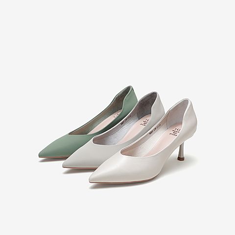 Tata/他她2020春浅灰牛皮革通勤尖头细高跟鞋浅口女单鞋XAX04AQ0