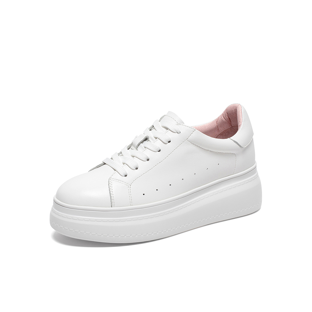 Tata/他她2020春白/粉牛皮革时尚系带厚底小白鞋女休闲鞋DSCAAAM0