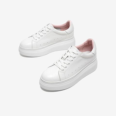 Tata/他她2020春白/粉牛皮革时尚系带厚底小白鞋女休闲鞋DSCAAAM0