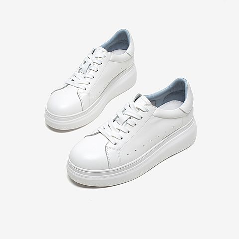 Tata/他她2020春白/蓝牛皮革时尚系带厚底小白鞋女休闲鞋DSCAAAM0