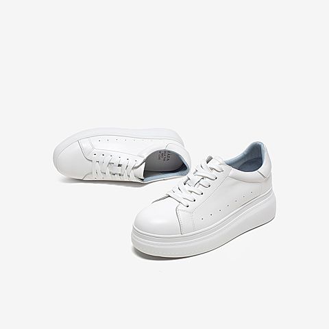 Tata/他她2020春白/蓝牛皮革时尚系带厚底小白鞋女休闲鞋DSCAAAM0