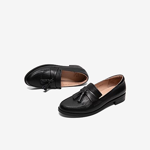 Tata/他她2020春黑色牛皮革流苏乐福鞋圆头方跟深口鞋女单鞋DSCADAM0