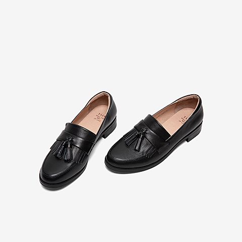 Tata/他她2020春黑色牛皮革流苏乐福鞋圆头方跟深口鞋女单鞋DSCADAM0