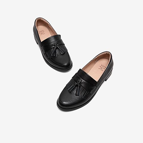 Tata/他她2020春黑色牛皮革流苏乐福鞋圆头方跟深口鞋女单鞋DSCADAM0