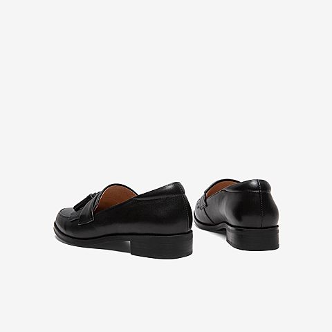 Tata/他她2020春黑色牛皮革流苏乐福鞋圆头方跟深口鞋女单鞋DSCADAM0