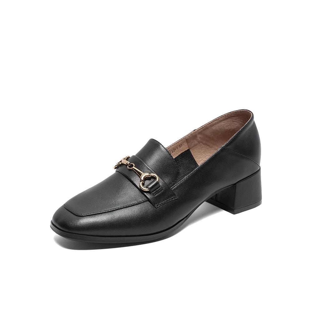 Tata/他她2020春黑色牛皮革金属装饰方头乐福鞋粗跟女单鞋6DSCAAM0