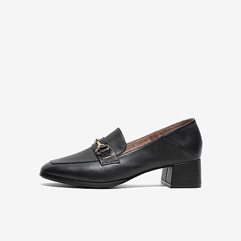 Tata/他她2020春黑色牛皮革金属装饰方头乐福鞋粗跟女单鞋6DSCAAM0