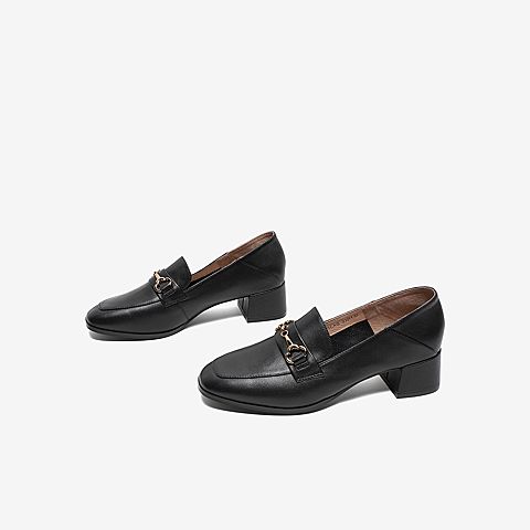 Tata/他她2020春黑色牛皮革金属装饰方头乐福鞋粗跟女单鞋6DSCAAM0