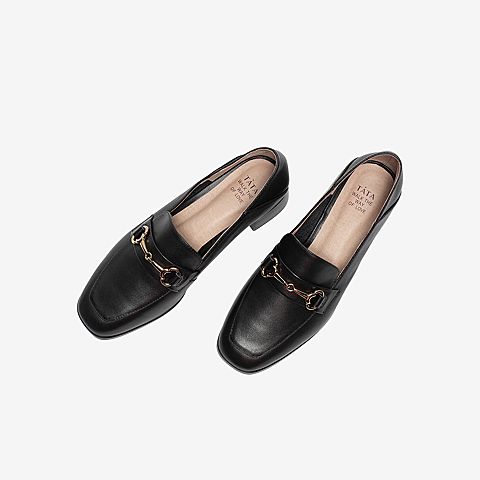Tata/他她2020春黑色牛皮革金属装饰方头乐福鞋粗跟女单鞋6DSCAAM0