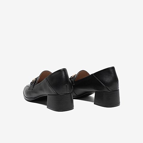 Tata/他她2020春黑色牛皮革金属装饰方头乐福鞋粗跟女单鞋6DSCAAM0