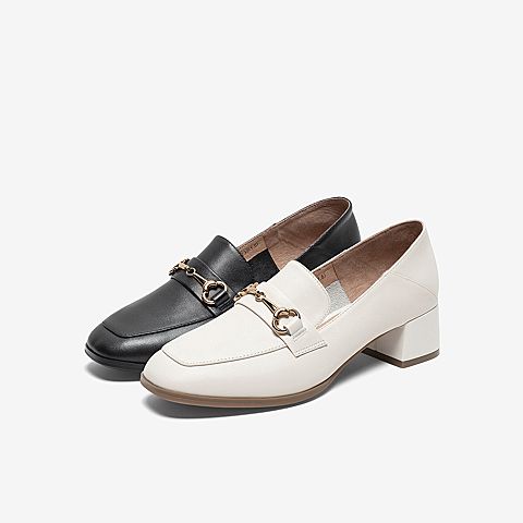 Tata/他她2020春黑色牛皮革金属装饰方头乐福鞋粗跟女单鞋6DSCAAM0