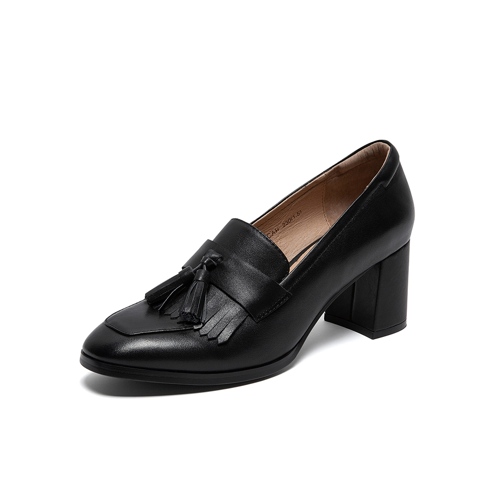 Tata/他她2020春黑色牛皮革通勤流苏高跟鞋圆头粗跟女单鞋DSCAHAM0