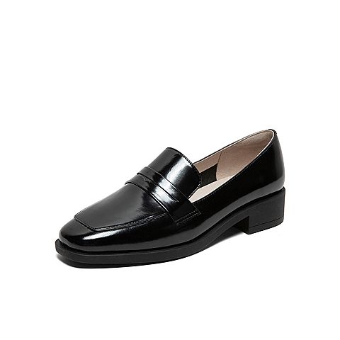 Tata/他她2020春黑色牛皮革方头乐福鞋平底鞋休闲女单鞋DSCANAM0