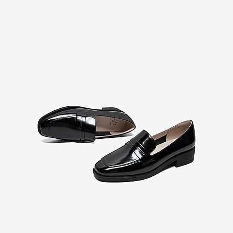 Tata/他她2020春黑色牛皮革方头乐福鞋平底鞋休闲女单鞋DSCANAM0