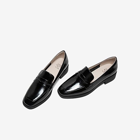 Tata/他她2020春黑色牛皮革方头乐福鞋平底鞋休闲女单鞋DSCANAM0