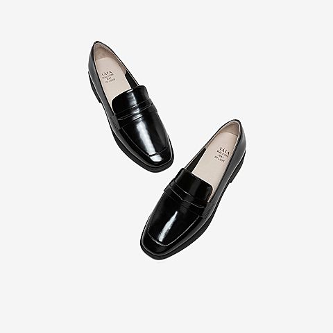 Tata/他她2020春黑色牛皮革方头乐福鞋平底鞋休闲女单鞋DSCANAM0