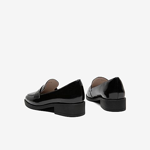 Tata/他她2020春黑色牛皮革方头乐福鞋平底鞋休闲女单鞋DSCANAM0