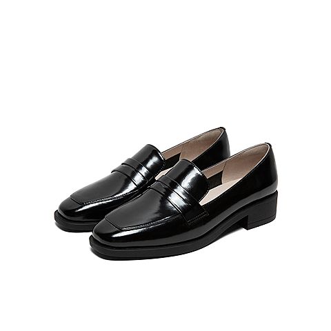 Tata/他她2020春黑色牛皮革方头乐福鞋平底鞋休闲女单鞋DSCANAM0