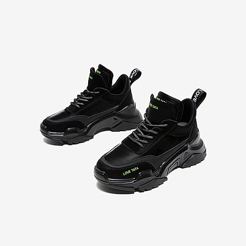 Tata/他她2020春专柜同款黑色拼接字母织带厚底运动休闲女鞋WEU01AM0