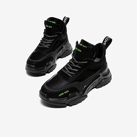 Tata/他她2020春专柜同款黑色拼接字母织带厚底运动休闲女鞋WEU01AM0